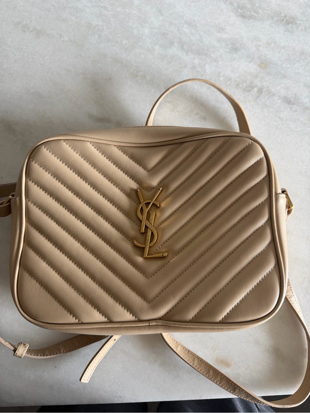Fashion cross body- Beige Quilted Cross body Bag with Gold YSL Logo